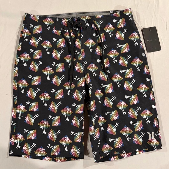 Hurley Other - Hurley Black Board Shorts with Rainbow Palm Print NWT
